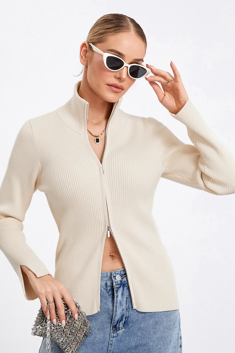 Ribbed Knit Zip-Up Stand Collar Cardigan Secondary image