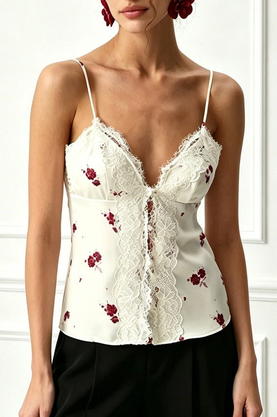 Floral Lace Trim Button Cami Top Main image