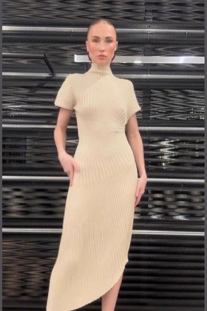 Solid Ribbed Pleated Slit Slim  Elegant Sweater Dress Main image