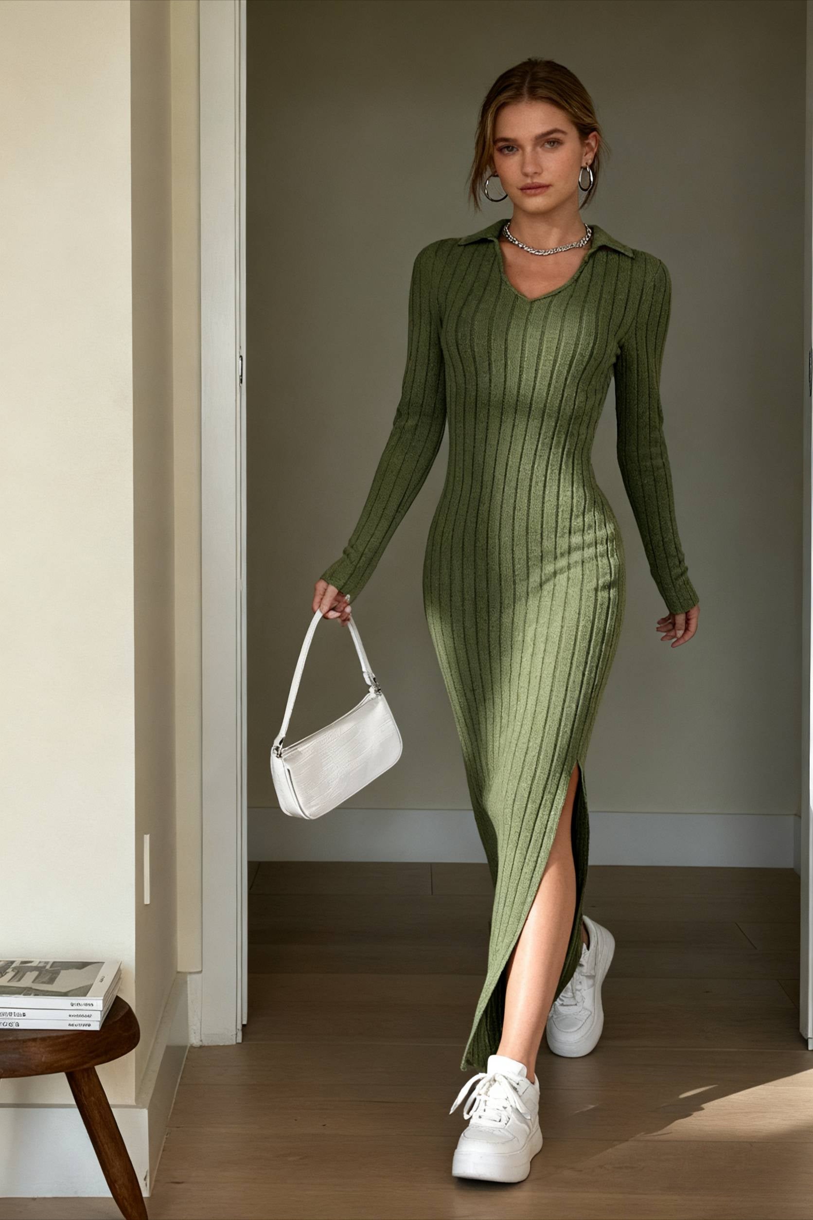 Solid Ribbed Knit Split Thigh Dress Secondary image
