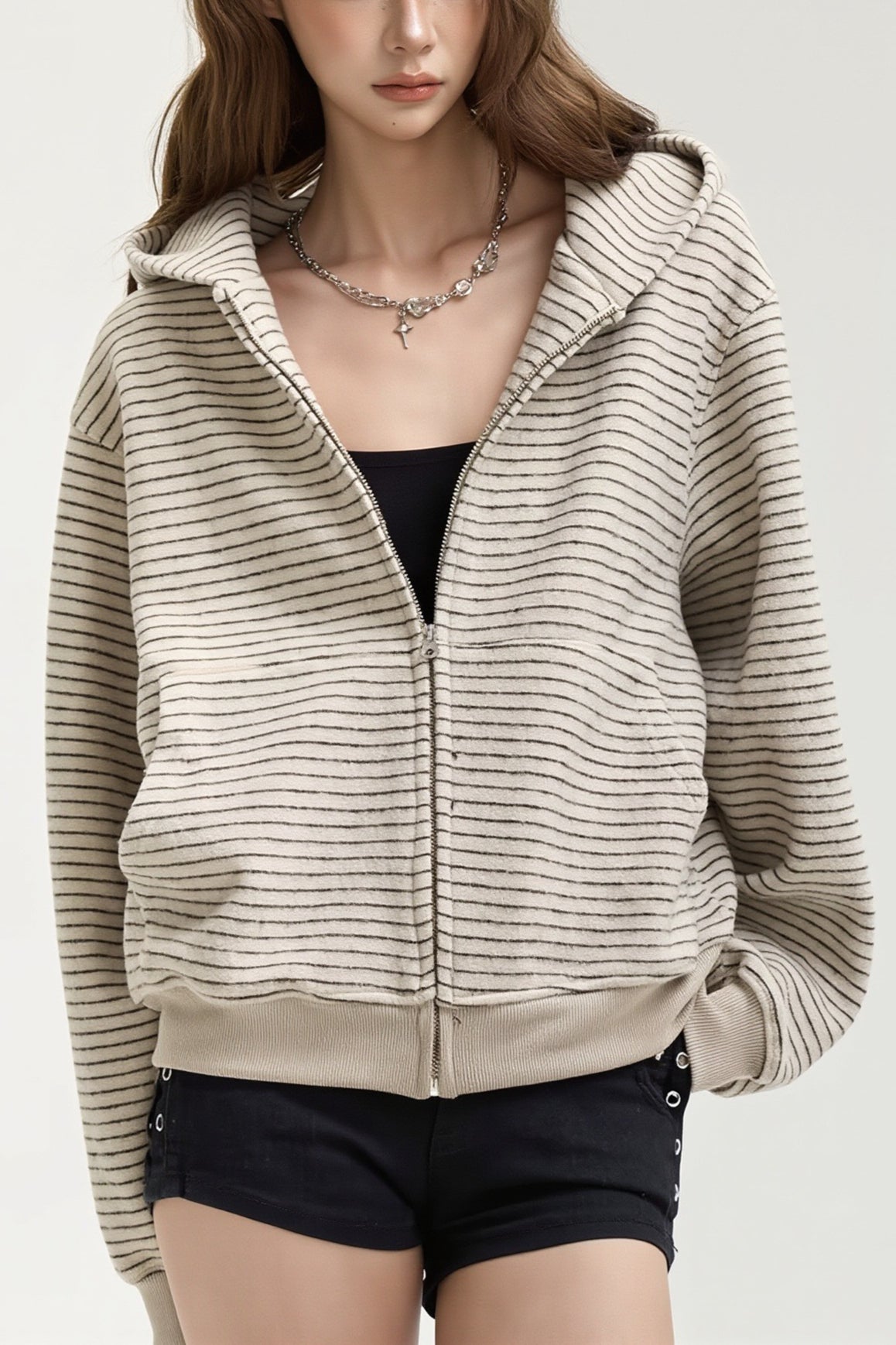 Soft Striped Relaxed Zip Up Hoodie Main image