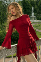 Off Shoulder Flared Sleeve Ruffle Mini Party Dress