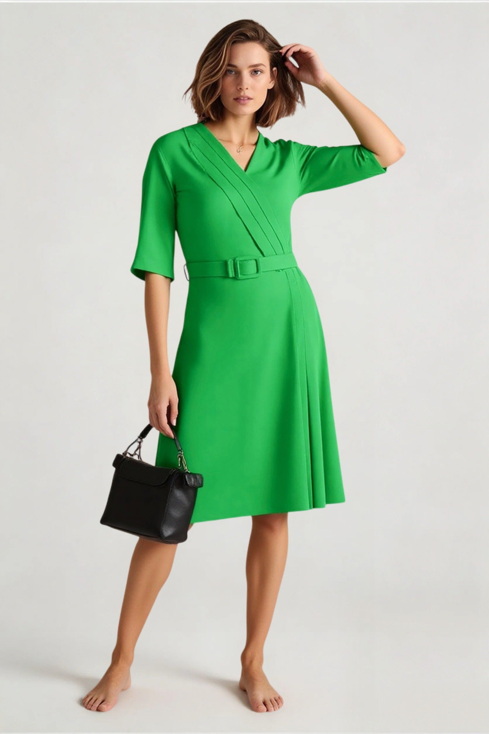 V-Neck Waistband Short Sleeve Solid Pencil Office Dress Secondary image