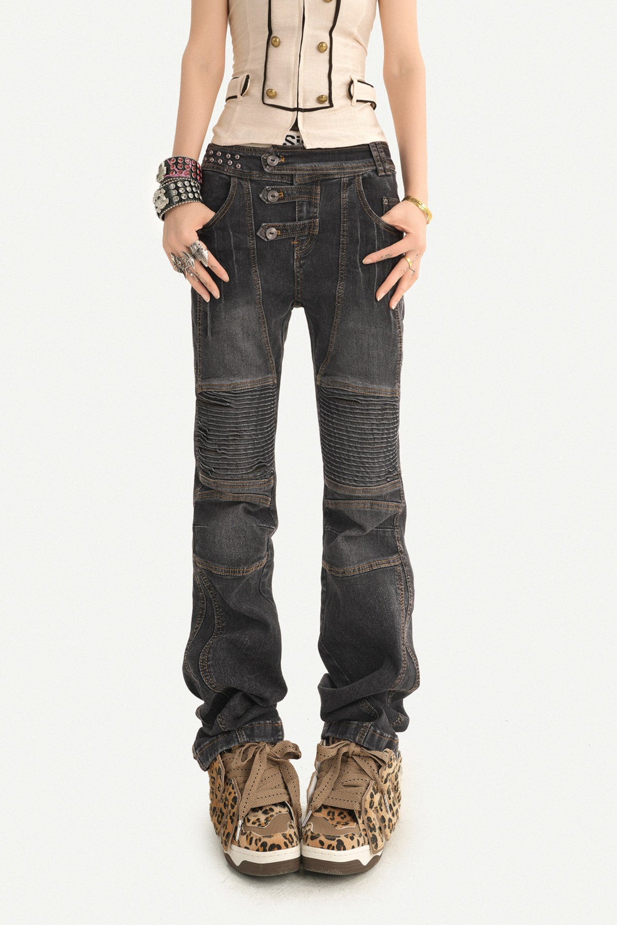 Multi Button Low Rise Straight Leg Jeans