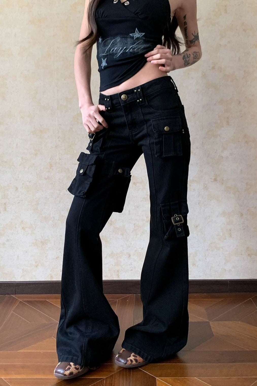 Low Rise Buckled Cargo Flare Jeans