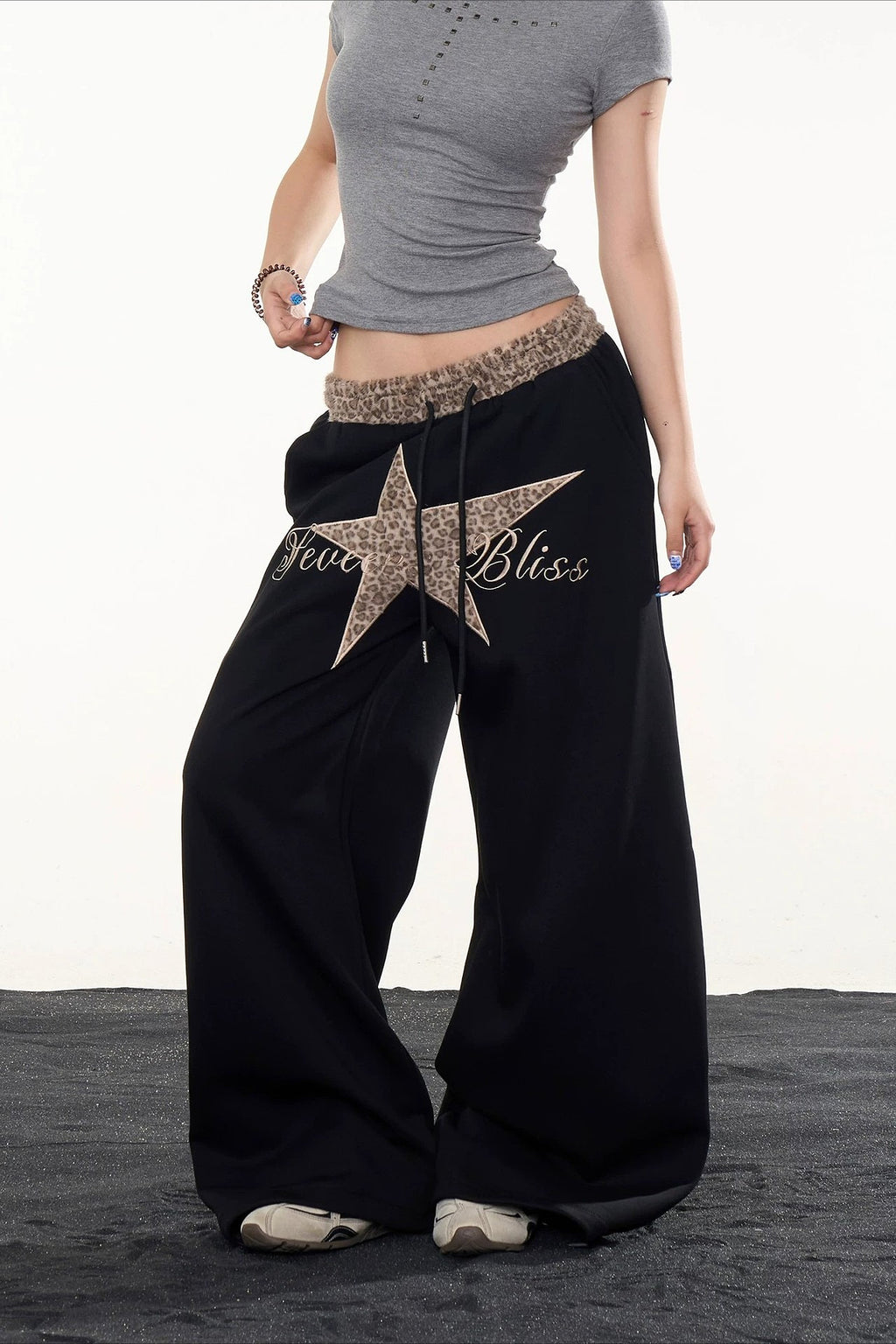 Star Leopard Embroidered Wide Leg Pants