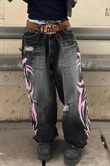 Vintage Printed Washed Distressed Wide Leg Denim Jeans