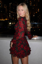 V Neck Long Sleeve A Line Floral Dress