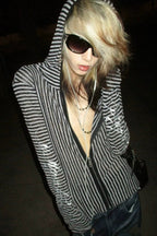Striped Metallic Letter Fitted Zip Hoodie