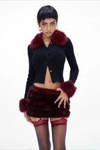 Faux Fur Trim Button Cropped Knit Top