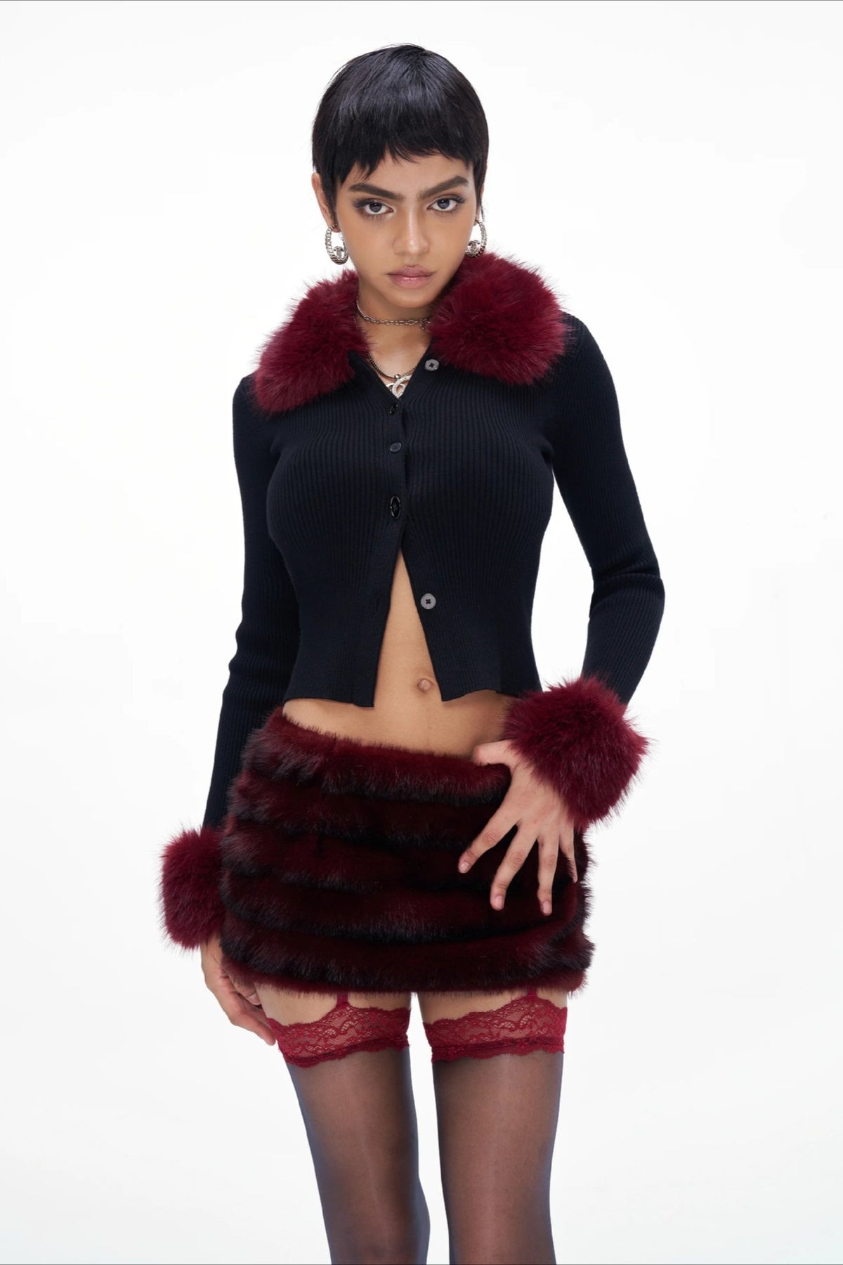 Faux Fur Trim Button Cropped Knit Top