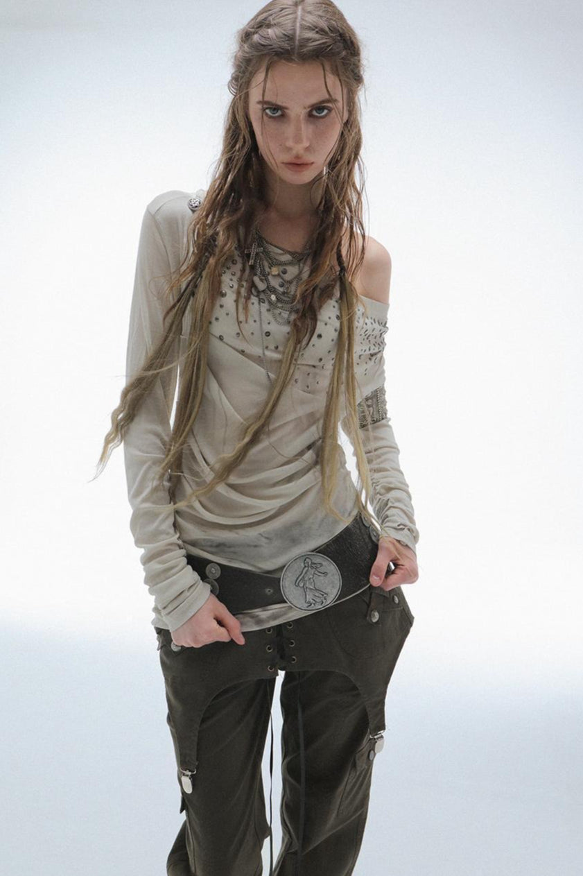 Draped Chain Detail Long Sleeve T-Shirt