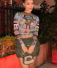 Colorful Plaid Mesh O-Neck Full Sleeve Sheer Top