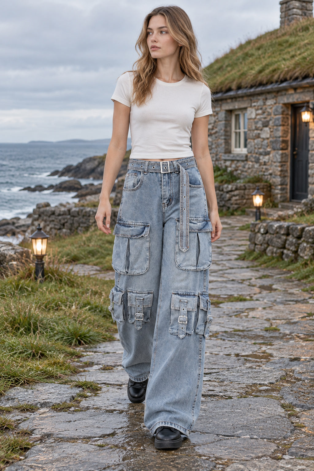 Multi Pocket Strap Wide Leg Cargo Jeans