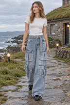Multi Pocket Strap Wide Leg Cargo Jeans