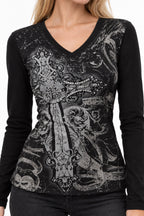 Gothic V-neck Graphic Cotton T-shirt