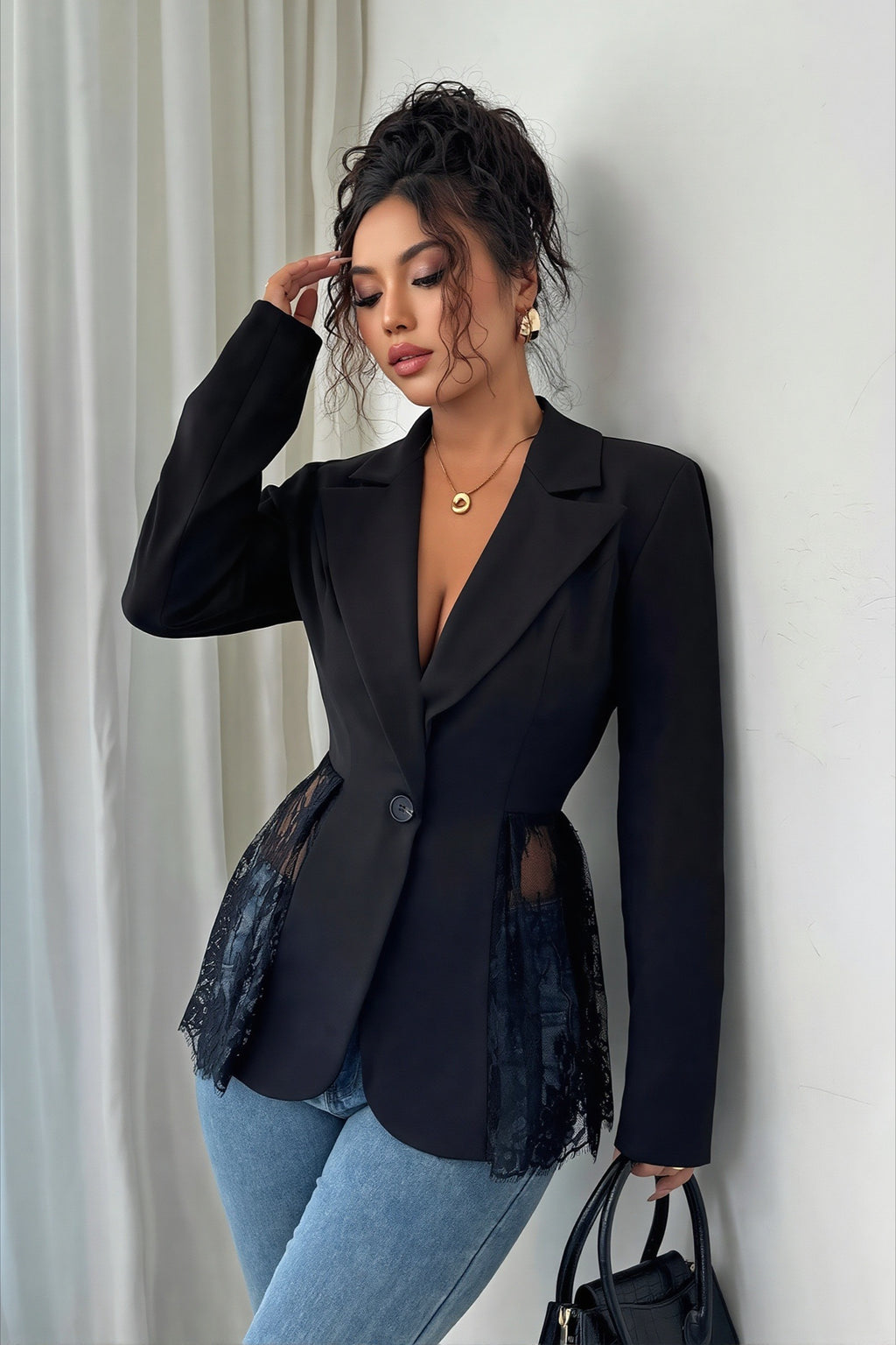 Sheer Lace Panel Single Button Tailored Longline Coat