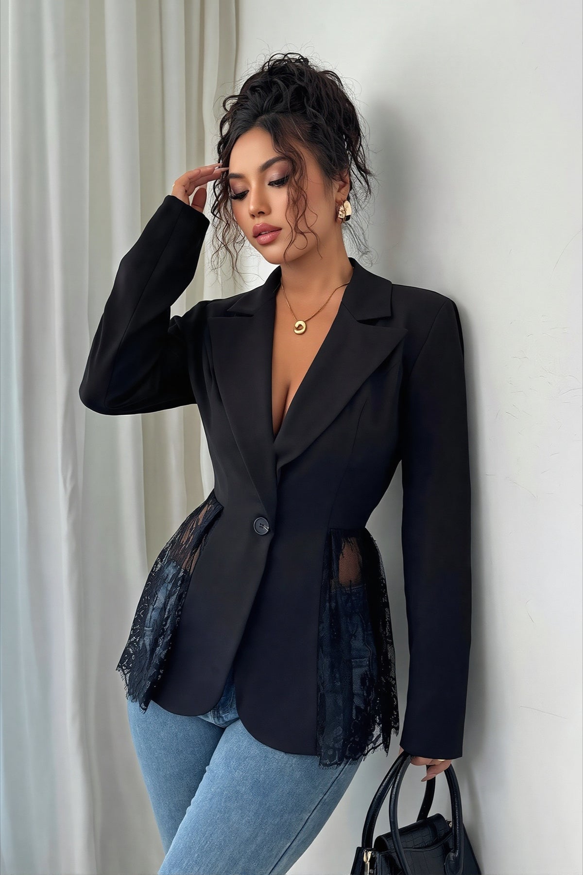 Sheer Lace Panel Single Button Tailored Longline Coat