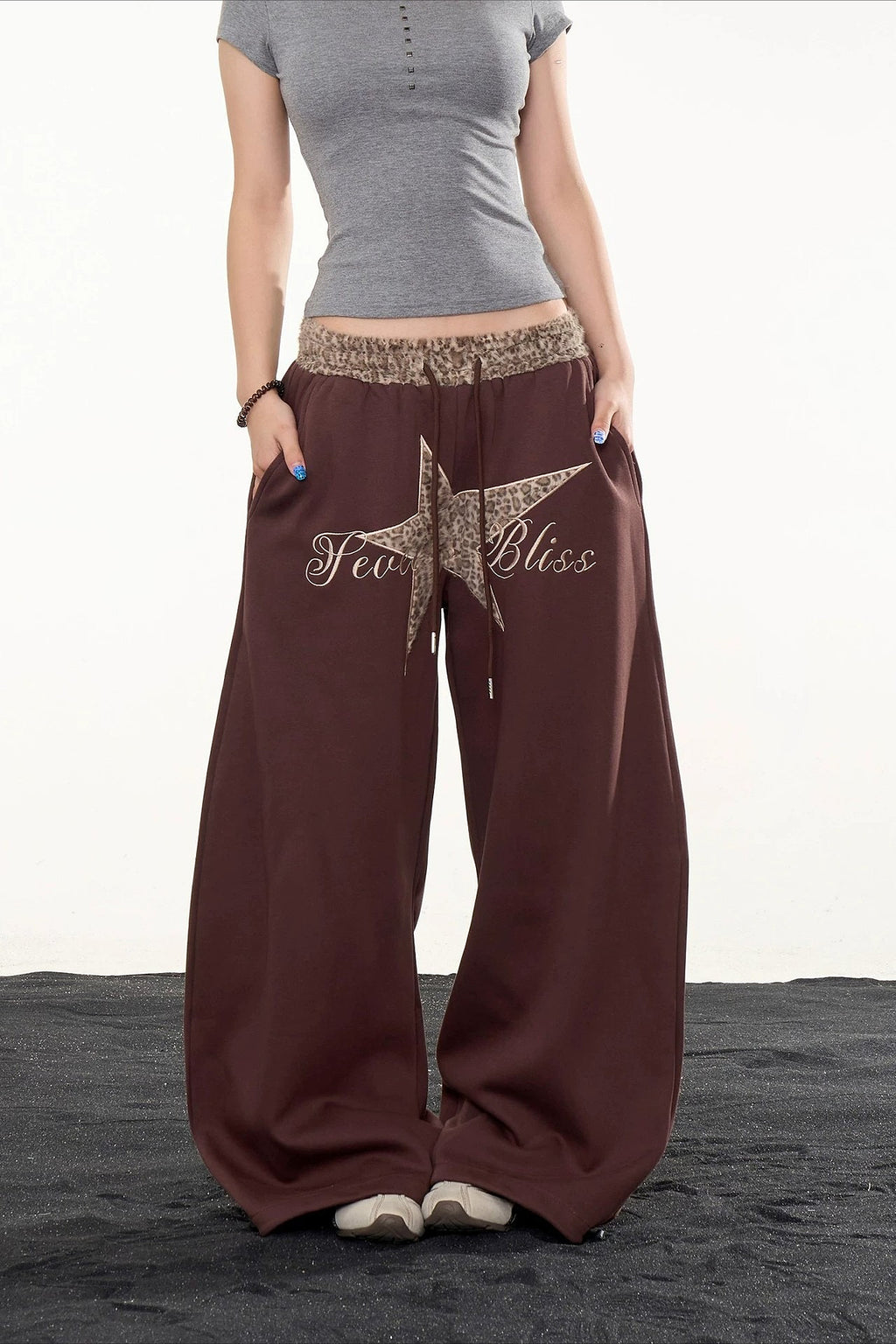 Star Leopard Embroidered Wide Leg Pants