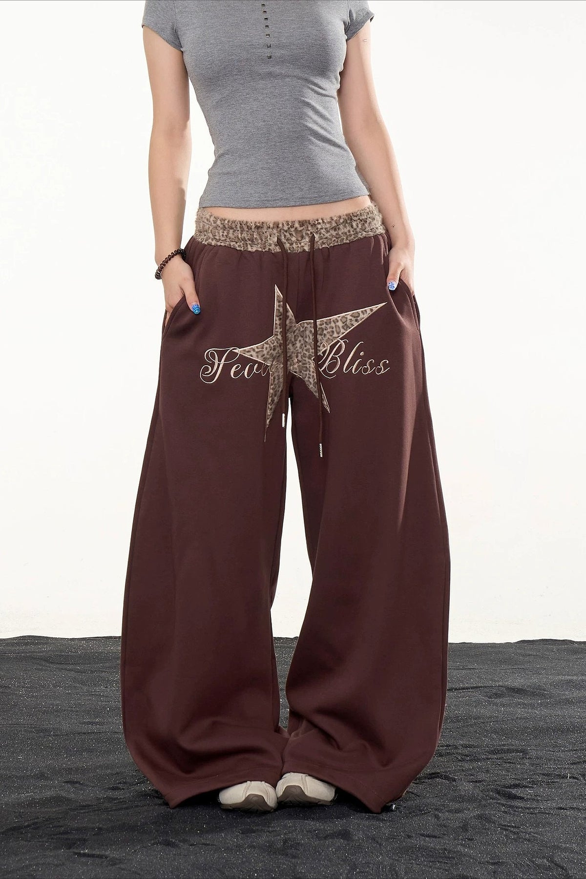 Star Leopard Embroidered Wide Leg Pants