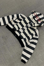 Black White Striped Cropped Zip Hoodie