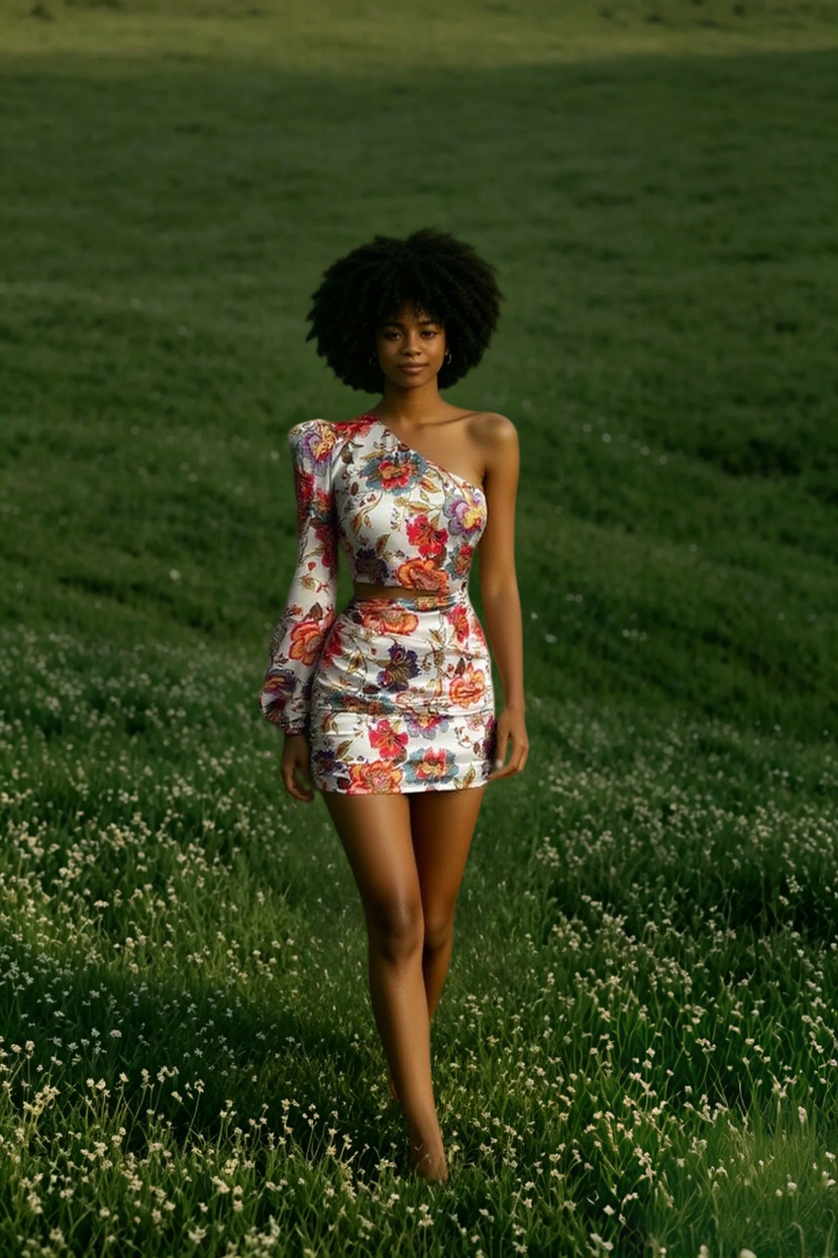 DressBetty - Women Fashion Floral Print Cutout Lantern Long Sleeve Dress Main image
