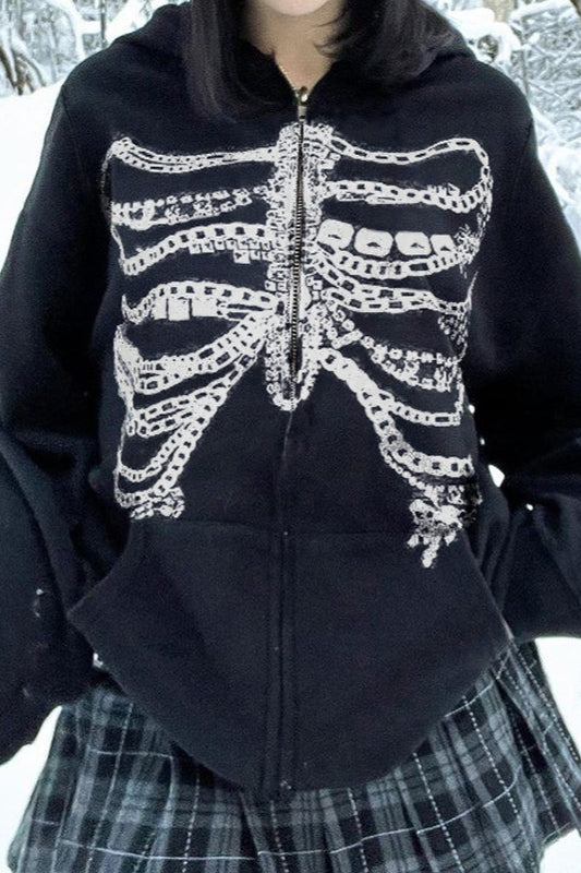 Street Style Skeleton Print Zipper Hoodie Secondary image