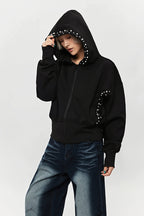 Pearl Detail Cropped Fitted Zip-Up Hoodie