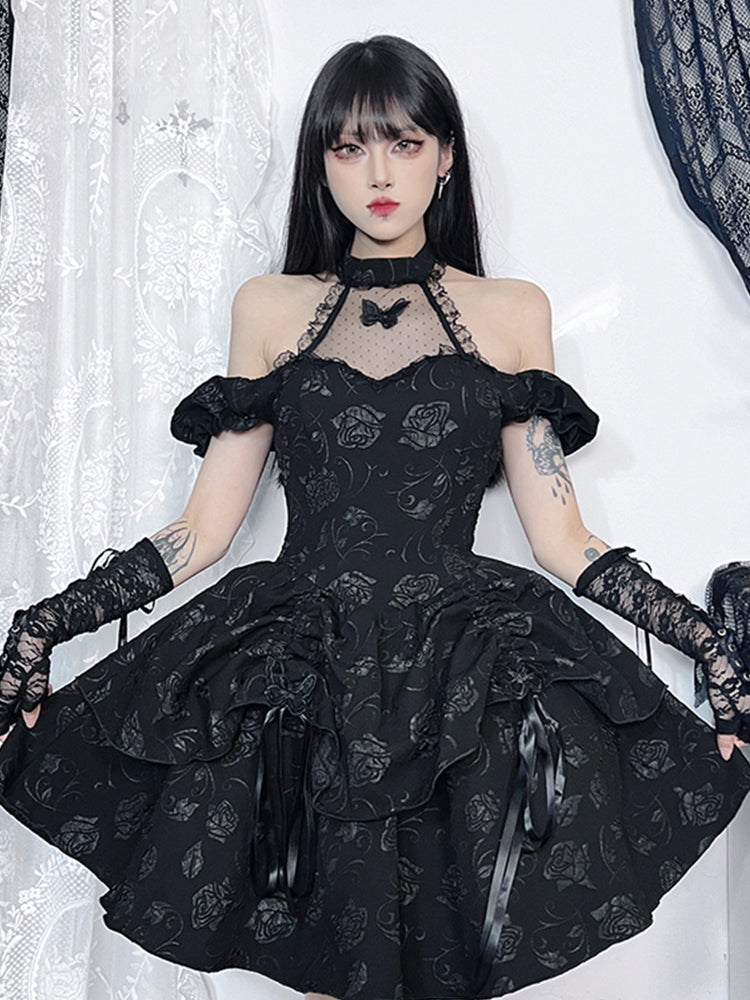 Sleeveless Halter Neck Bow Vintage Backless Cold Shoulder Print Lace Up A-Line Swing Dress Main image