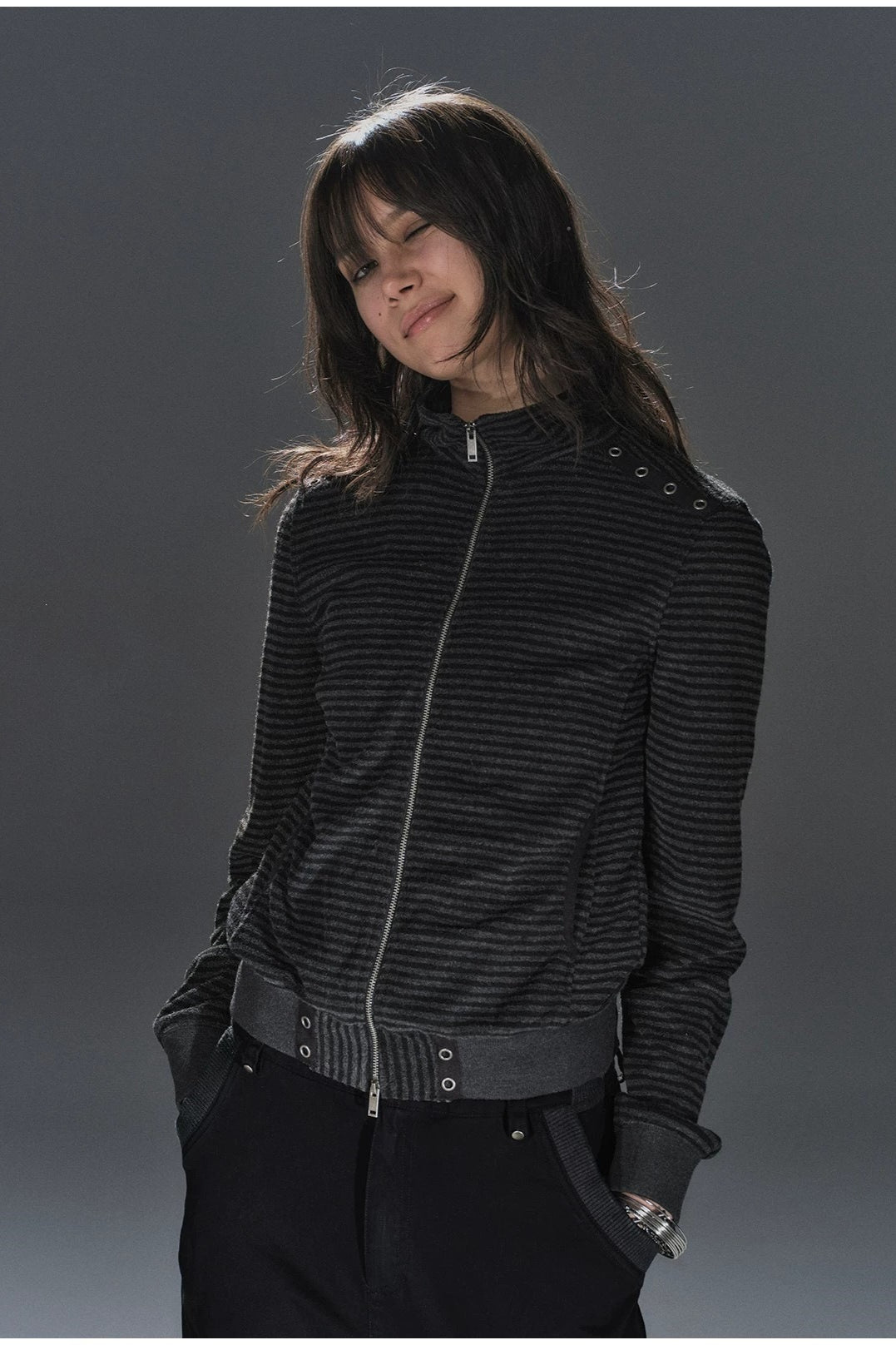 Black Pinstripe Belted Zip Up Hoodie