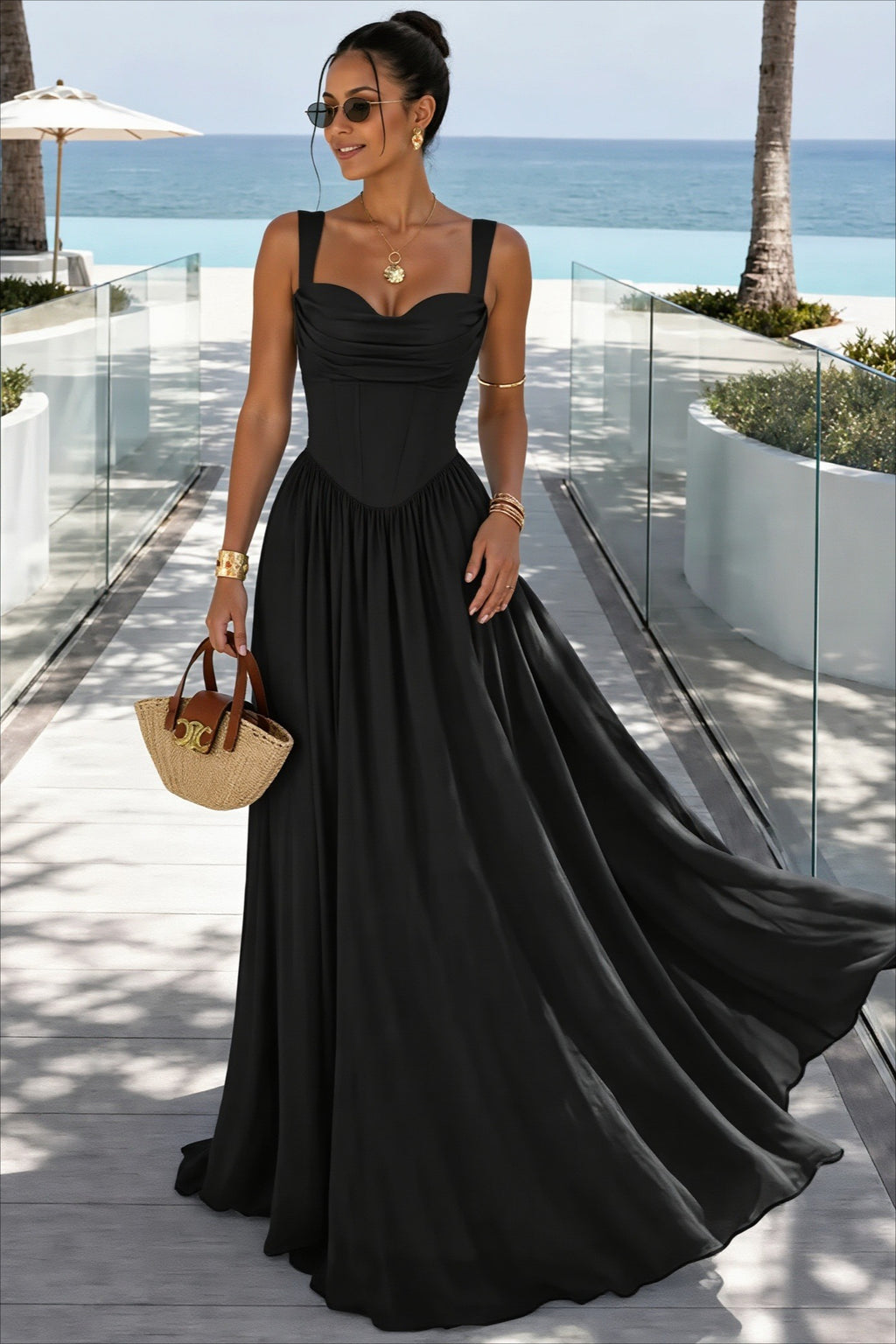 Corset Bodice Ruched Strap Flared Maxi Dress