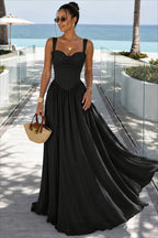 Corset Bodice Ruched Strap Flared Maxi Dress