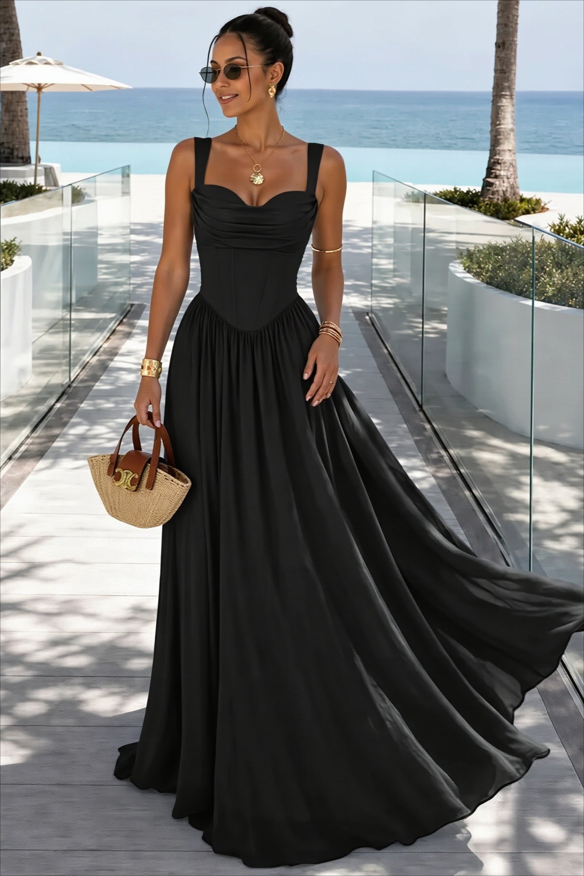 Corset Bodice Ruched Strap Flared Maxi Dress
