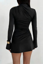 Metal Cuff Boat Neck Bell Sleeve Ruched Mini Dress
