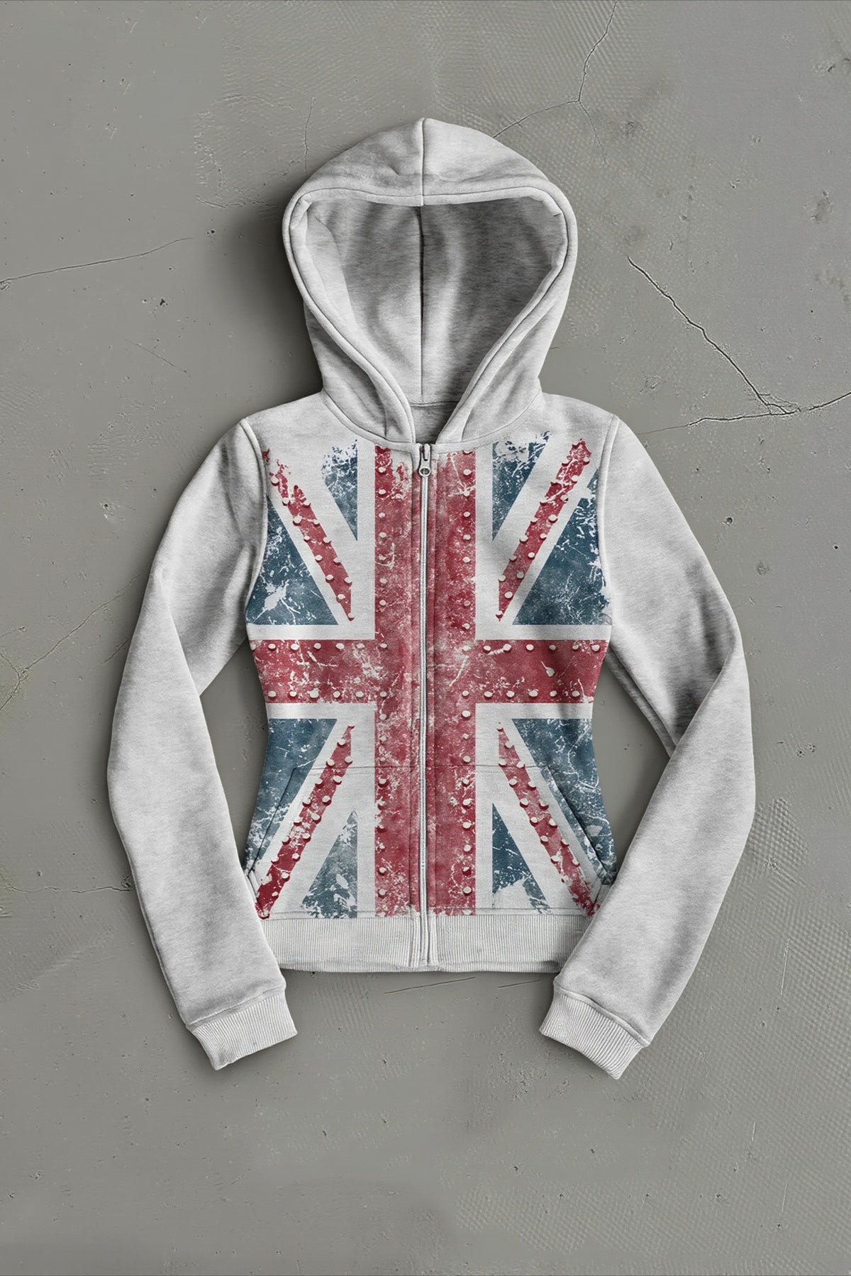 Distressed Union Jack Rhinestone Full Zip Hoodie