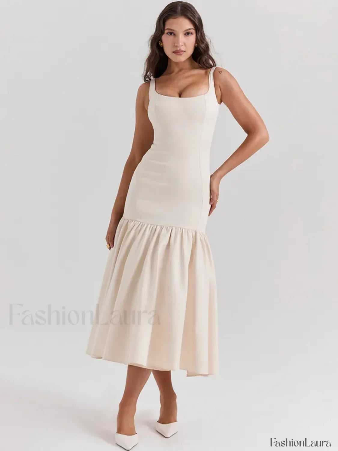Fishtail Square Collar Midi Dress