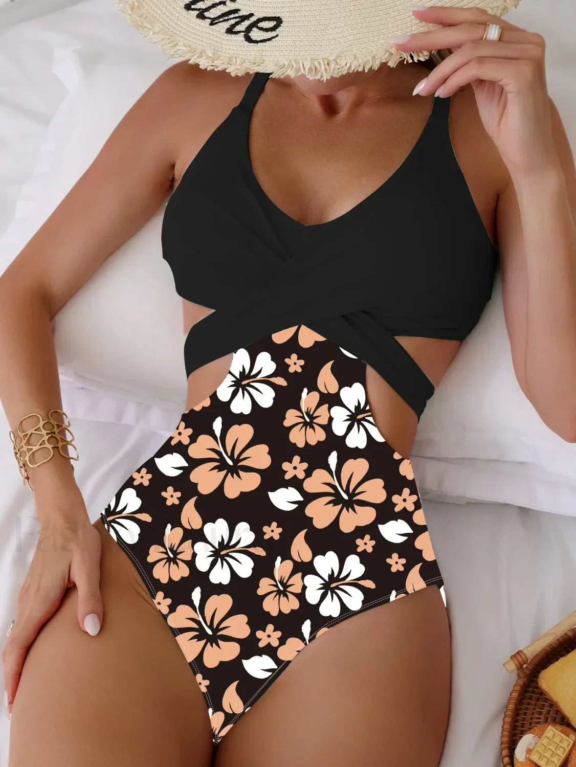 Flower Print Green One Piece black1 / S