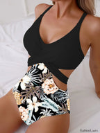 Flower Print Green One Piece black2 / S