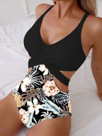 Flower Print Green One Piece black2 / S