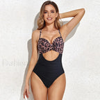 Flower Print V neck One Piece black leopard / S