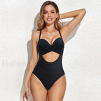 Flower Print V neck One Piece Black / S