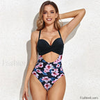 Flower Print V neck One Piece black flower / S