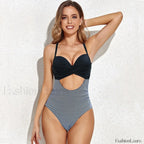 Flower Print V neck One Piece black stripe / S