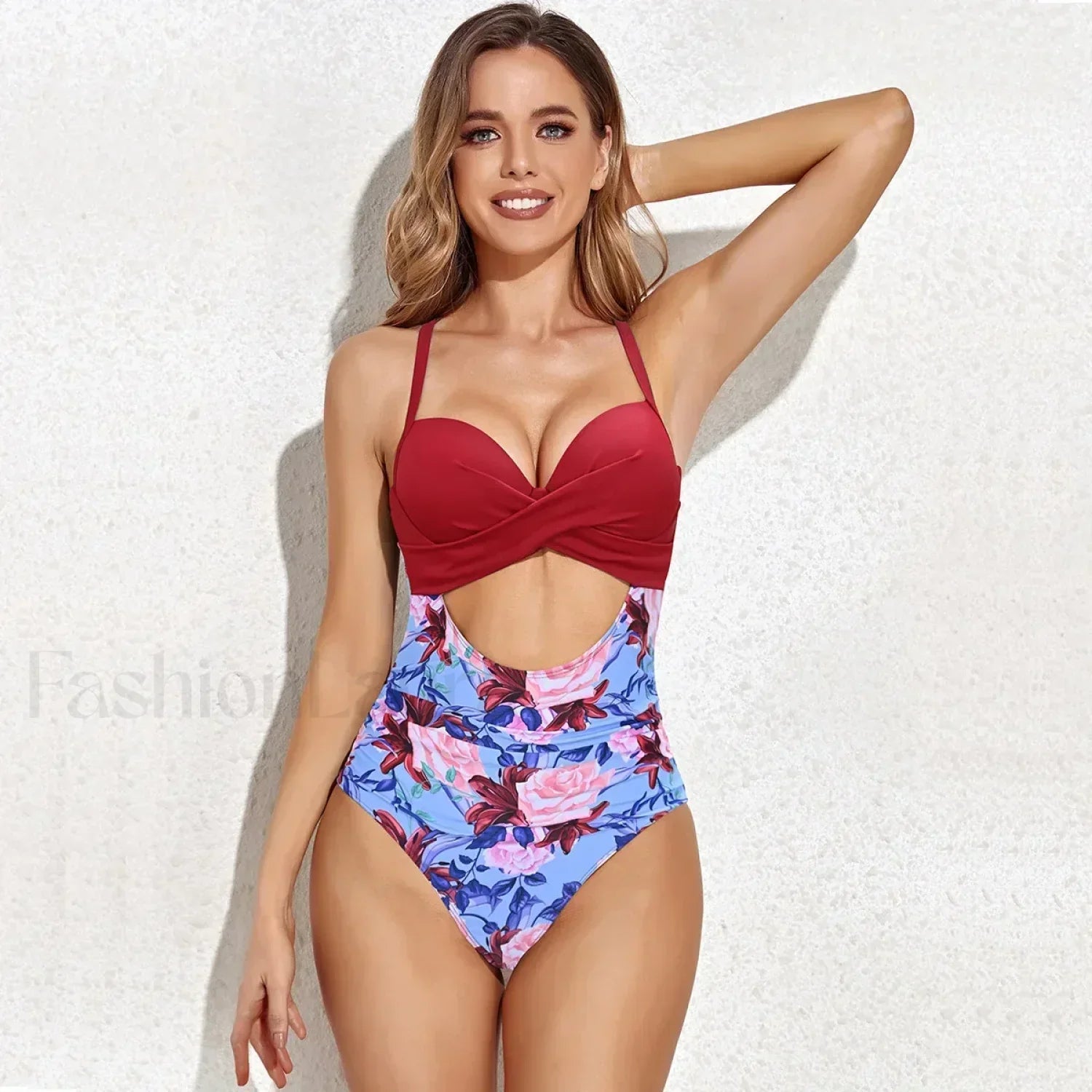 Flower Print V neck One Piece Red / S
