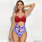 Flower Print V neck One Piece Red / S
