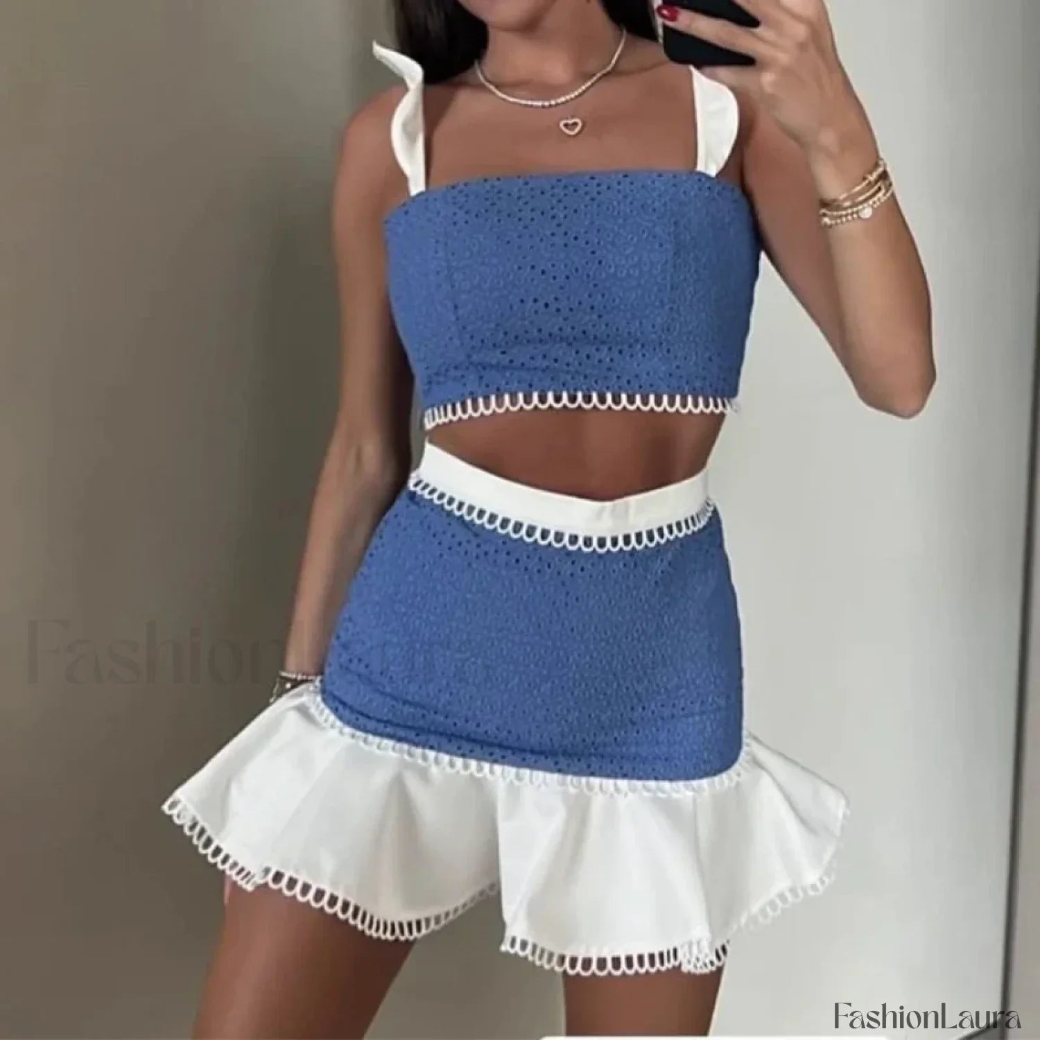 Flying Sleeve Crop Skirt Two Piece Set 01 Blue White / S