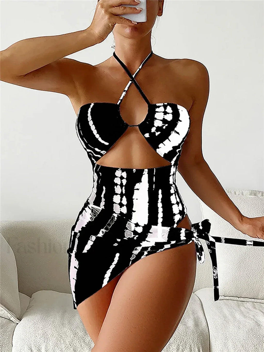 Halter Printed Skirt One Piece black / S