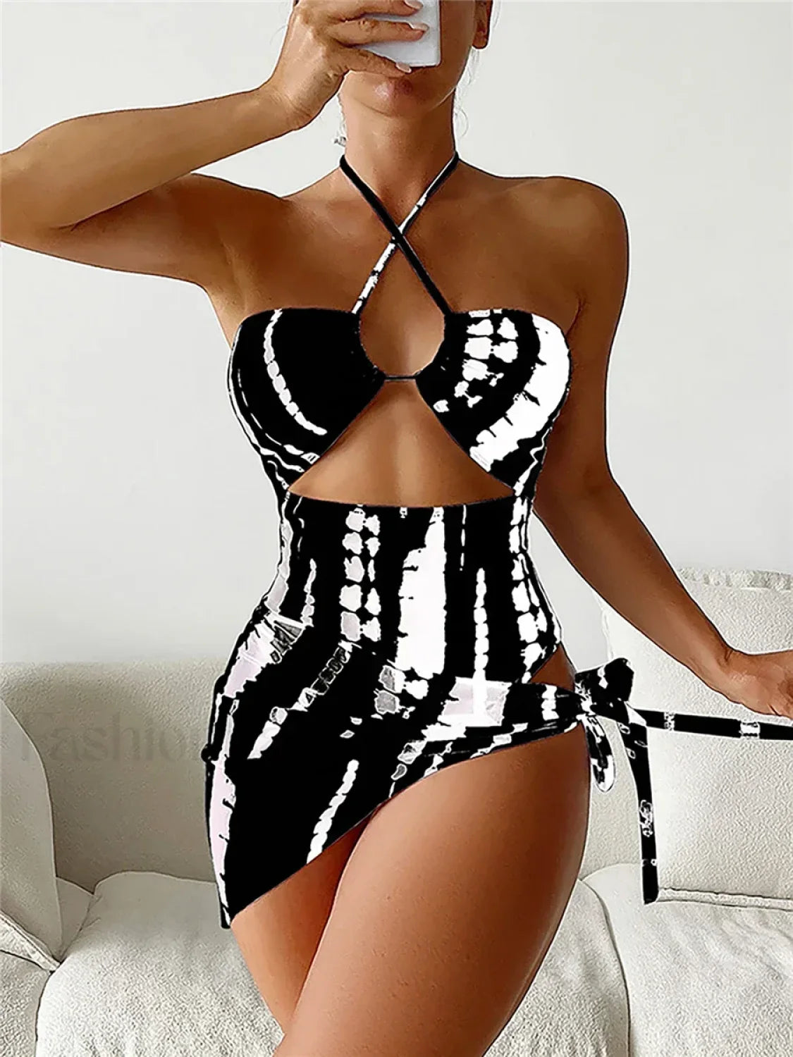 Halter Printed Skirt One Piece black / S