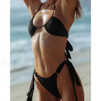 Halter Tie Lace Bikini Set Black / S