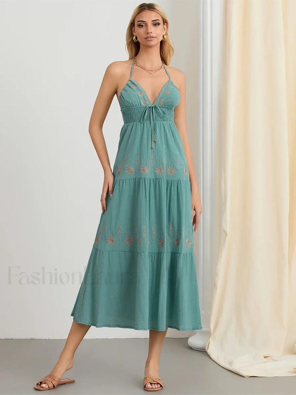 Halter Tie Up Embroidered Boho Dress green / S